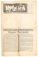 1938 Az Új hírek c. pozsonyi újság november 6-i száma, benne a Felvidék visszacsatolásáról szóló cikkek kicenzúrázva.