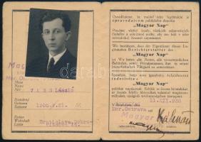 1936 Vass László (1905-1950) újságíró, kritikus a felvidéki Magyar Nap c. lap szerkesztőjének fényképes igazolványa