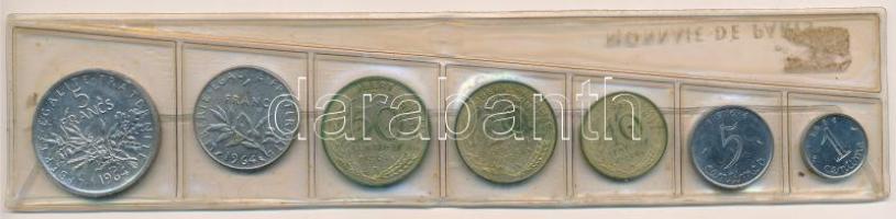 Franciaország 1964. 1c-5Fr (7xklf, közte 1964. 5Fr Ag) forgalmi sor fóliatokban T:1-2 patina France 1964. 1 Centime - 5 Francs (7xdiff, közte 1964. 5 Francs Ag) coin set in foil wrapper C:UNC-XF patina