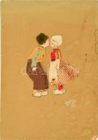 Pölhőssy 1934 jelzéssel: Szerelmes pár. Kollázs (szövet, papír), kartonra ragasztva, 11,5x9,5 cm