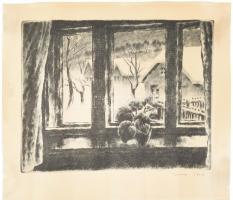 Kórusz József (1927-2010): Kilátás az ablakból. Rézkarc, papír, jelzett, felcsavarva, törésnyommal lap szélén kisebb folttal, 28×38 cm.