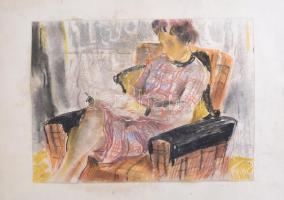 Udvary Pál (1900-1987): Hölgy fotelban. Kréta, papír, jelzés nélkül, sérült, papírra kasírozva. 25×34 cm