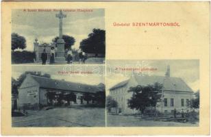 1912 Pannonhalma, Győrszentmárton, Szentmárton; Szent Benedek rend kolostor főbejárata, pannonhalmi gőzmalom, Weisz Dezső áruháza, üzlet