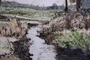 Beron Gyula (1885-1971):Táj vadásszal. Színezett rézkarc, papír, jelzett, lap széle foltos, 29×37 cm