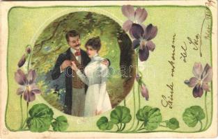 1901 Romantic couple, lady art postcard. Art Nouveau, floral, litho (fl)