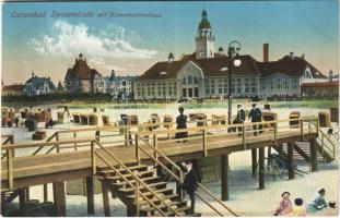 Swinoujscie, Swinemünde; Ostseebad mit Konversationshaus / beach, cabins. Kunstverlag M. Hertzfeldt