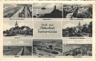 Swinoujscie, Swinemünde; Blick vom Kurhausturm, Hafeneinfahrt, Blick a. d. Promenade, Kurhaus, Hafen, Rosengarten, Blick a. d. Musikpavillon, Strandleben / spa, bath, promenade, port, music pavilion, rose garden, beach, cabins