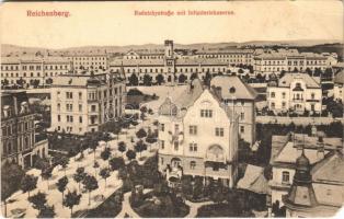 1916 Liberec, Reichenberg; Radetzkystraße mit Infanteriekaserne / K.u.K. military infantry barracks + K.u.K. Reservespital Reichenberg Militärpflege (EM)