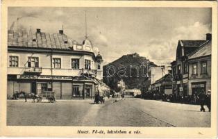 1939 Huszt, Chust, Khust; Fő utca, háttérben a vár, Fixler Benő, Grünfeld Náthán, Berkovits és Rosenfeld, Ausländer üzlete / main street, castle ruins, shops (EK)