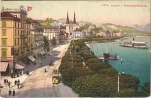 Lucerne, Luzern; Schweizerhofquai / quay, tram, steamship (EK)