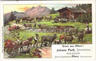 Aflenz (Steiermark), Johann Pertl Sennereien, Käse Geschäft / alpine dairy and cheese shop of Johann Pertl, advertising card. Verlag Otto Fleschhut. litho (EK)