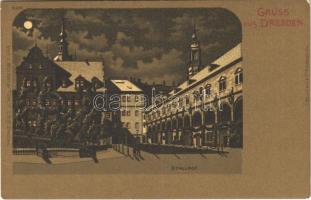 Dresden, Stallhof / royal castle at night, stable. Verl. v. Woldemar Türk litho