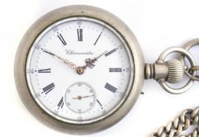 Chronometre zsebóra, fém tokkal, fém óralánccal, jelzett szerkezettel, hibátlan számlappal, működő, jó állapotban, fém óraszíjjal. d:58 mm / Pocket watch with metal case, flawless dial, works well. d: 58 mm