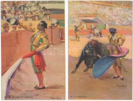 10 db RÉGI művész motívum képeslap: bikaviadal sorozat / 10 pre-1945 art motive postcards: bullfighting series