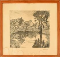 Remsey Jenő (1885-1970): Malomtó partja. Rézkarc, papír, jelzett, üvegezett keretben, 31x30 cm. Foltos