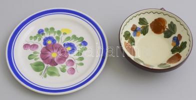 Gránit kerámia fali dísz tányér + tálka (hajszálrepedéssel) Kézzel festettek, jelzettek d: 14 cm, 21 cm