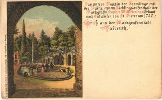 Bayreuth, Das untere Bassin der Eremitage mit der Ruine / spa, bath, fountain. litho (EK)