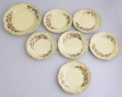 Zsolnay tavasz mintás süteményes készlet 6+1 darabos, kézzel festett, jelzett, a tálon repedéssel