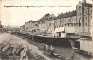 1916 Nagybecskerek, Zrenjanin, Veliki Beckerek; Dungyerszky sörgyár, híd, "ERNŐ" uszály, lakóhajó / Bierbrauerei / brewey, barge, bridge