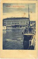 1910 Fiume, Rijeka; Grand Hotel Europa / iparvasút a kikötőben, VELEBIT egycsavaros tengeri személyszállító gőzhajó, szálloda / industrial railway, hotel, port, steamship (gyűrődés / crease)