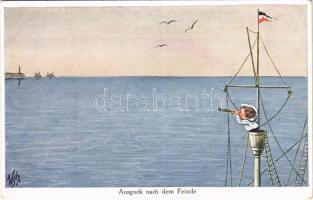Ausguck nach dem Feinde / WWI Imperial German Navy (Kaiserliche Marine) art postcard, child mariner. A.R. & C.i.B. No. 723/2.