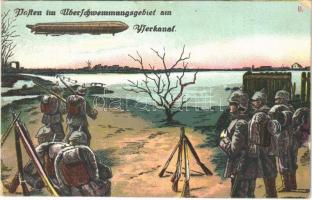 1916 Posten im Überschwemmungsgebiet am Yperkanal / WWI German military art postcard (EB)