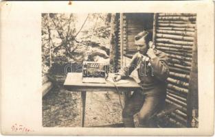 1917 Osztrák-magyar katona tábori telefonnal és távíróval / WWI Austro-Hungarian K.u.K. military, soldier with field telephone and telegraph. photo (EK)
