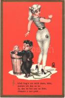 1961 Aus der Operette Die Fledermaus von Johann Strauß / Krampus with lady, erotic humour - modern art postcard