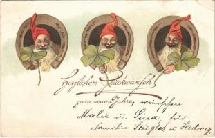 1899 Herzlichen Glückwunsch zum neuen Jahre! / New Year greeting art postcard with dwarves, horseshoes and clovers. litho (EK)