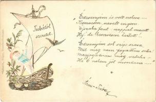 1900 Boy on sailboat. Children art postcard. Emb. litho (fl)