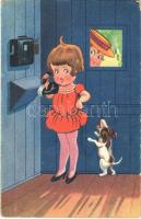1931 Girl on the phone. Children art postcard. Berma 101. (EK)
