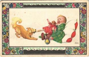 1917 Crying child with dog and toy. Children art postcard. B.K.W.I. 587-6. s: August Patek (EB)