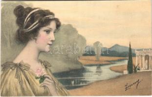 Lady art postcard. M. M. Vienne. artist signed