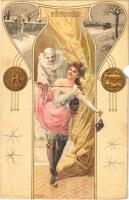 Fevrier / February. Art Nouveau art postcard with clown. J.P.W. Serie 566. No. 2. litho s: Hegedűs-Geiger R. (b)