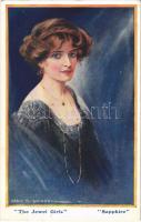 1917 Sapphire "The Jewel Girls" Lady art postcard. B.K.W.I. Nr. 258/4. s: Cecil W. Quinnell + "K.u.K. Infanterieregiment Nr. 62. 3. Feldkompagnie"