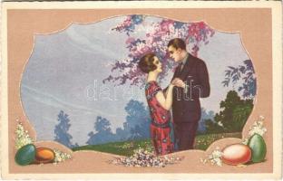 Italian lady art postcard with Easter greeting, romantic couple with eggs. Degami 57. (apró szakadás / tiny tear)