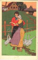 Romantic couple, lady art postcard. Élite CCM 2567. s: D. Gobbi (fl)