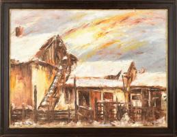 Pintér István Pál (1948-): Karcagi ház hátsó udvara, 1996. Olaj, farost, jelzett, fa keretben. 60×80...