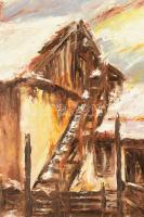 Pintér István Pál (1948-): Karcagi ház hátsó udvara, 1996. Olaj, farost, jelzett, fa keretben. 60×80...