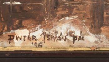 Pintér István Pál (1948-): Karcagi ház hátsó udvara, 1996. Olaj, farost, jelzett, fa keretben. 60×80...