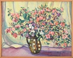 László Lilla (1940-): Csendélet holland violákkal. Olaj, farost, jelzett. Hátoldalán autográf felira...