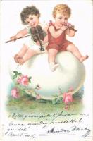 1900 Húsvét, gyerekek tojáson / Easter, children on egg. litho (EK)