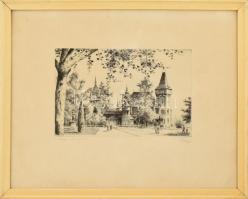 Tichy Kálmán (1888-1968): Vajdahunyad vára, Városliget. Rézkarc, papír, jelzett, üvegezett keretben, 19×29 cm