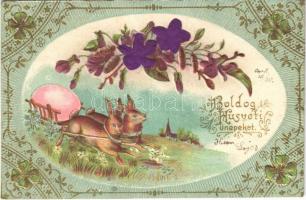 Boldog húsvéti ünnepeket, nyúlszán tojásokkal. Dombornyomott selyem litho lap / Easter, rabbit sled with eggs. Emb. litho silk card