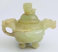 Kínai jade kő sárkányos edényke. Faragott / Chinese jade tray with lid 10x9,5 cm.