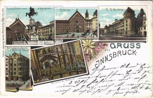 1897 (Vorläufer) Innsbruck, Leopoldsbrunnen a. Rennplatz, Hofkirche und Inneres, K.k. Residenz, Katholisches Casino (Höbling Haus) / fountain, church interior, residence palace, casino. Art Nouveau, floral, litho