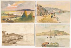 Agárd - 4 db kézzel festett művész képeslap (egy ilyen lesz majd 1970-ben jövőben) / 4 pre-1945 hand-painted art postcards
