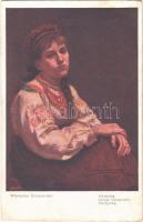 Ukrainka / Young Ukrainian girl, folklore. Kunstverlag Pocztówka 81. s: Wladislaw Swierzynski (wet damage)