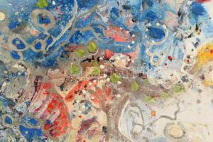 Rácz László (1919-1999): Kompozíció II., 1997. Olaj, farost, jelzett. 45×34,5 cm. Fa keretben. Kiáll...