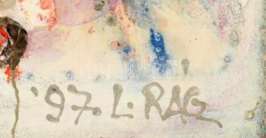 Rácz László (1919-1999): Kompozíció II., 1997. Olaj, farost, jelzett. 45×34,5 cm. Fa keretben. Kiáll...